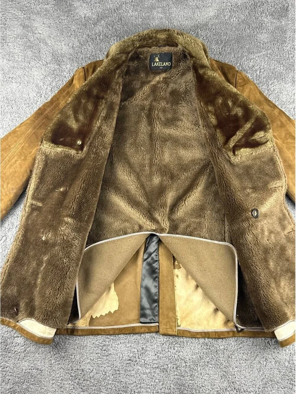 Vintage Lakeland Shearling Leather Coat Mens 42 Brown Fur Lined Jacket